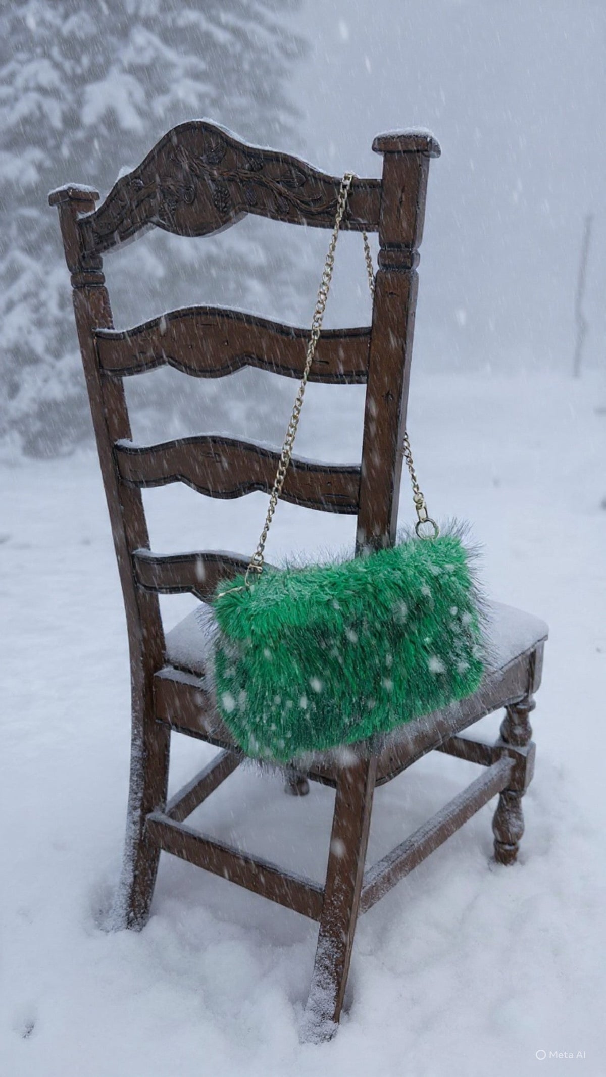 Evergreen green faux fur handbag with gold-tone chain in snow