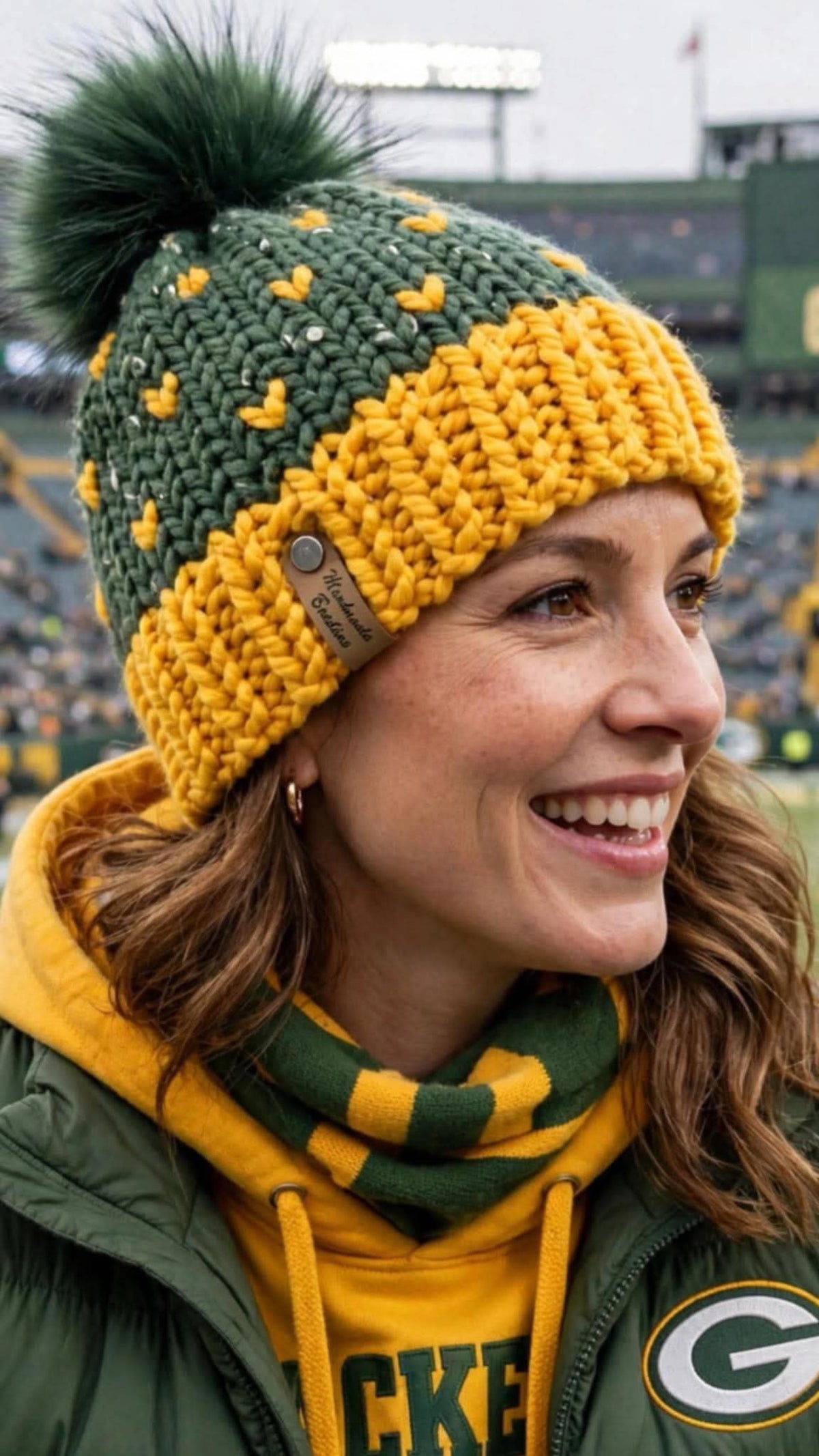 Green and gold heart stitch handmade beanie model view
