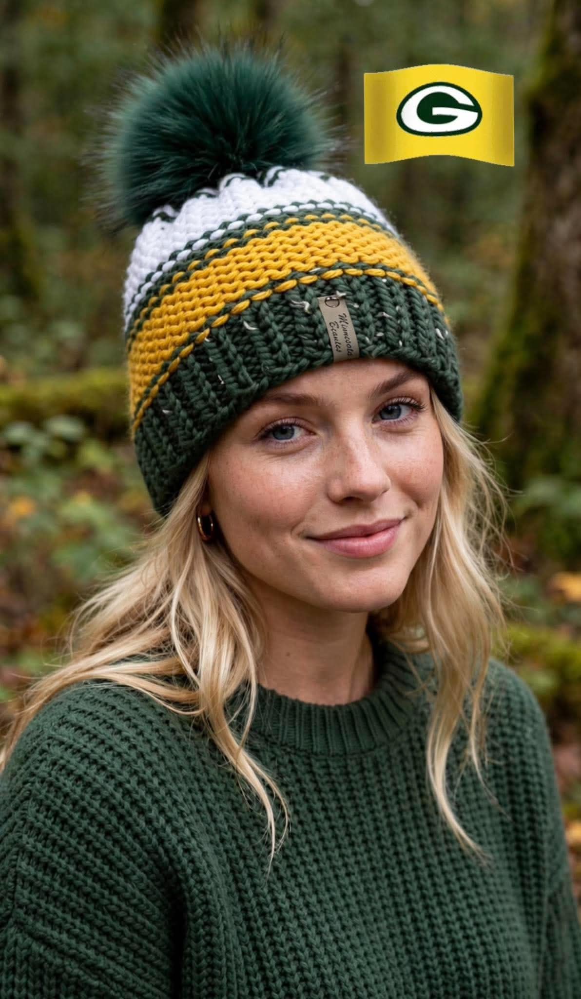 Green and gold striped handmade beanie model view