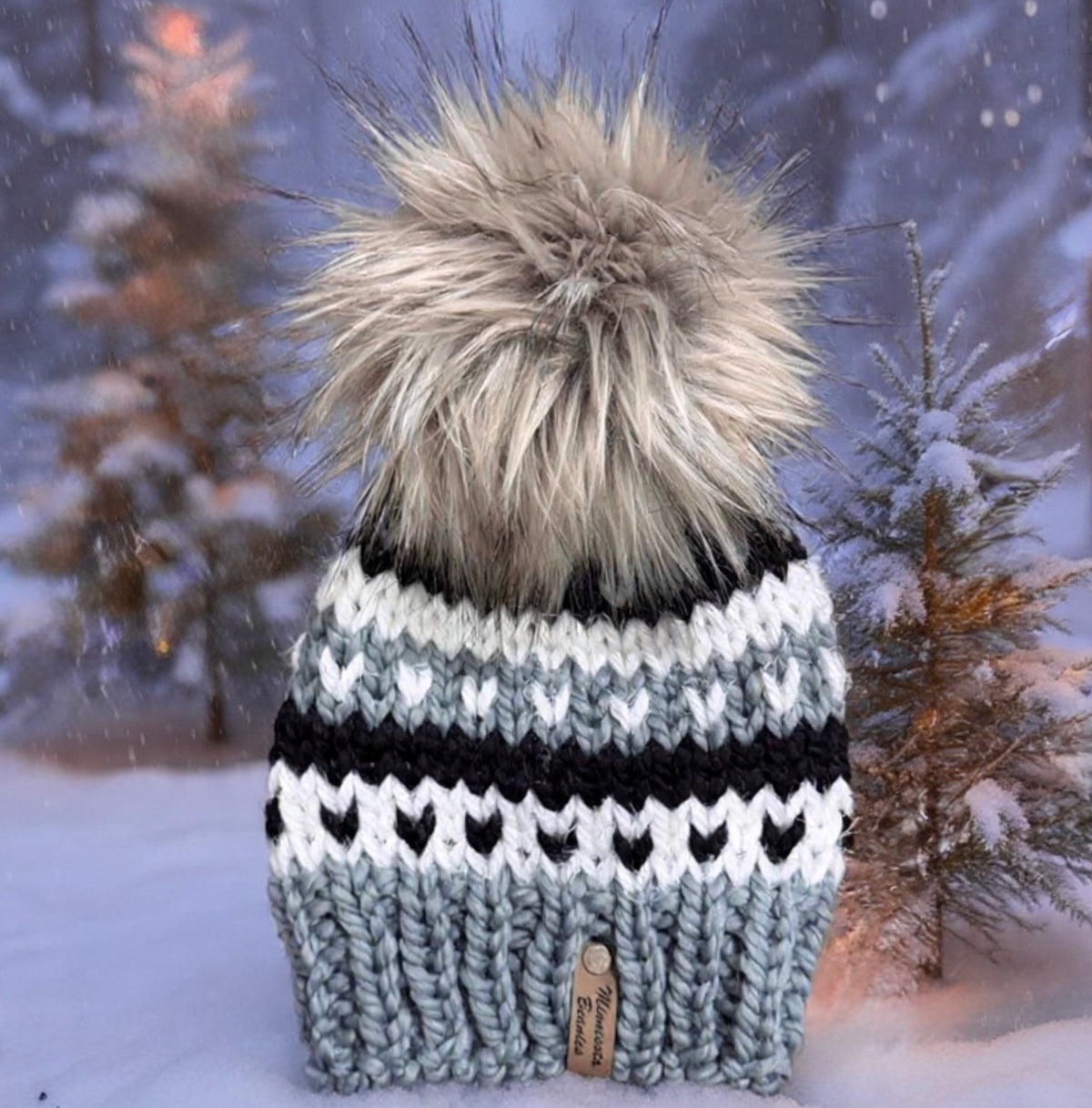 North Star gray black and white handmade beanie with faux fur pom