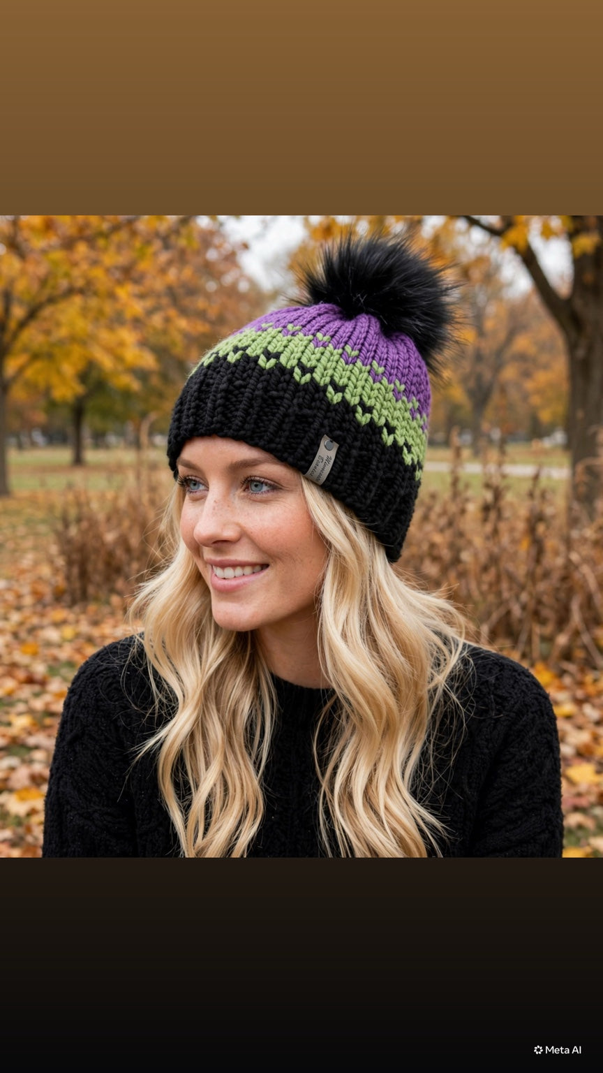 Handmade purple green and black beanie with black faux fur pom