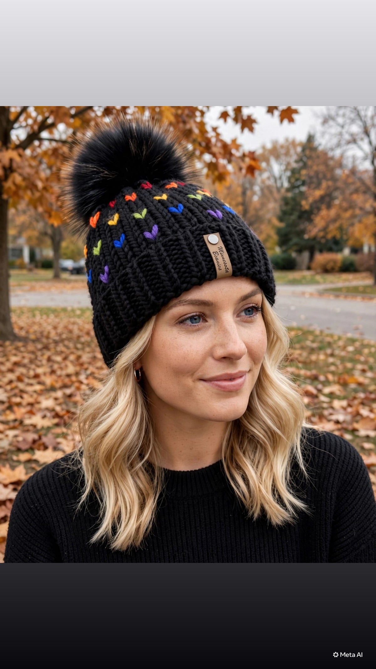 Model wearing Rainbow Hearts handmade beanie by Minnesota Beanies