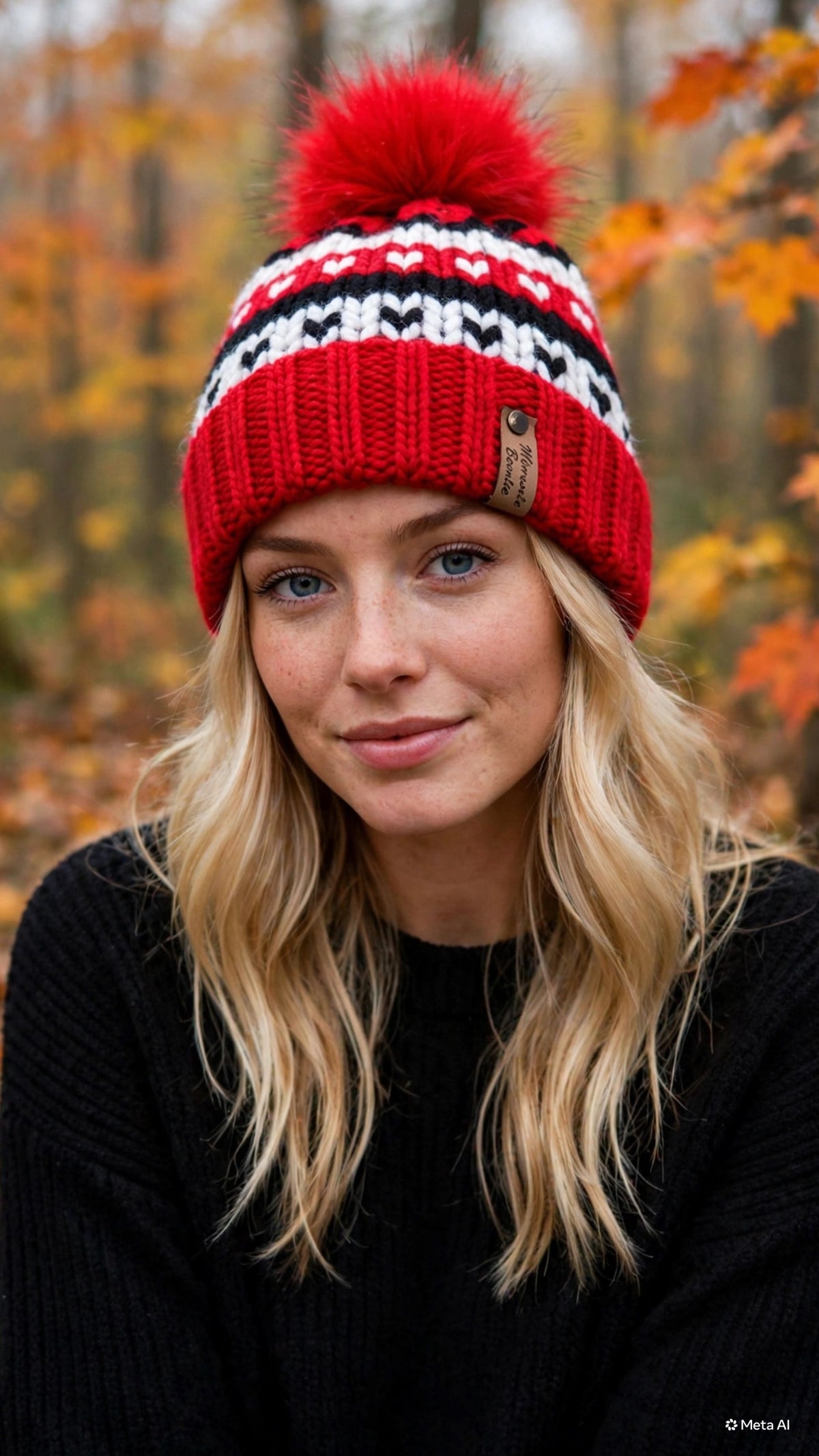 Model wearing Scarlet Nordic handmade beanie