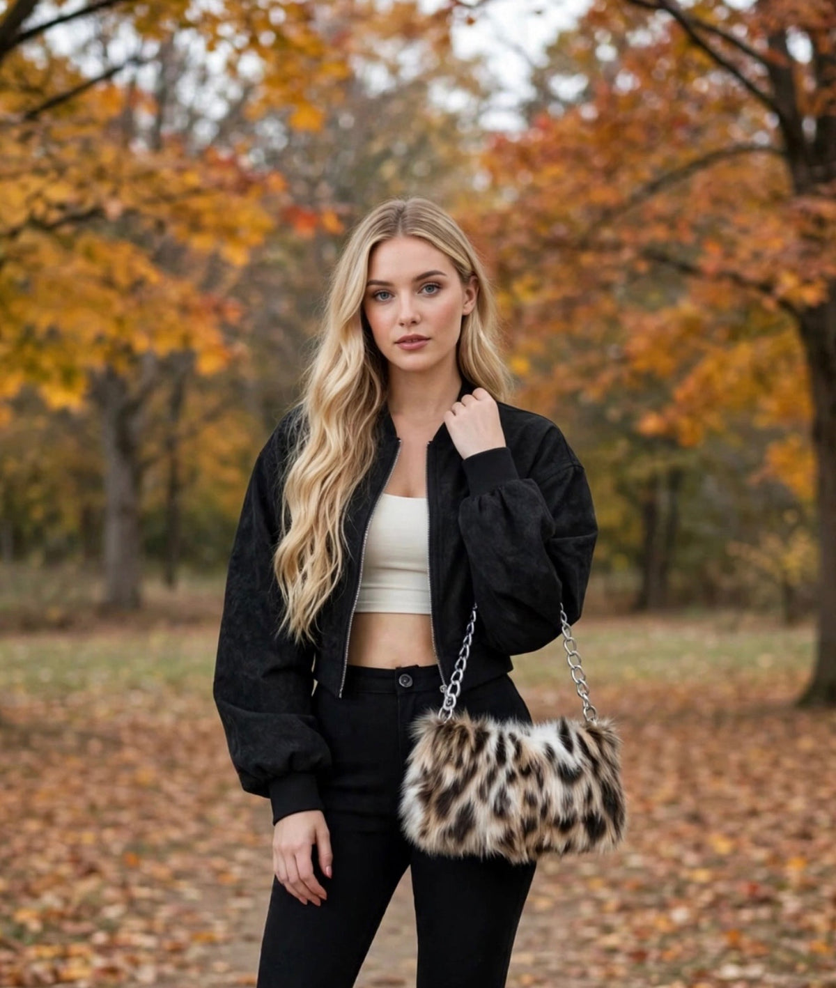 Model carrying Wild Lynx animal print faux fur handbag