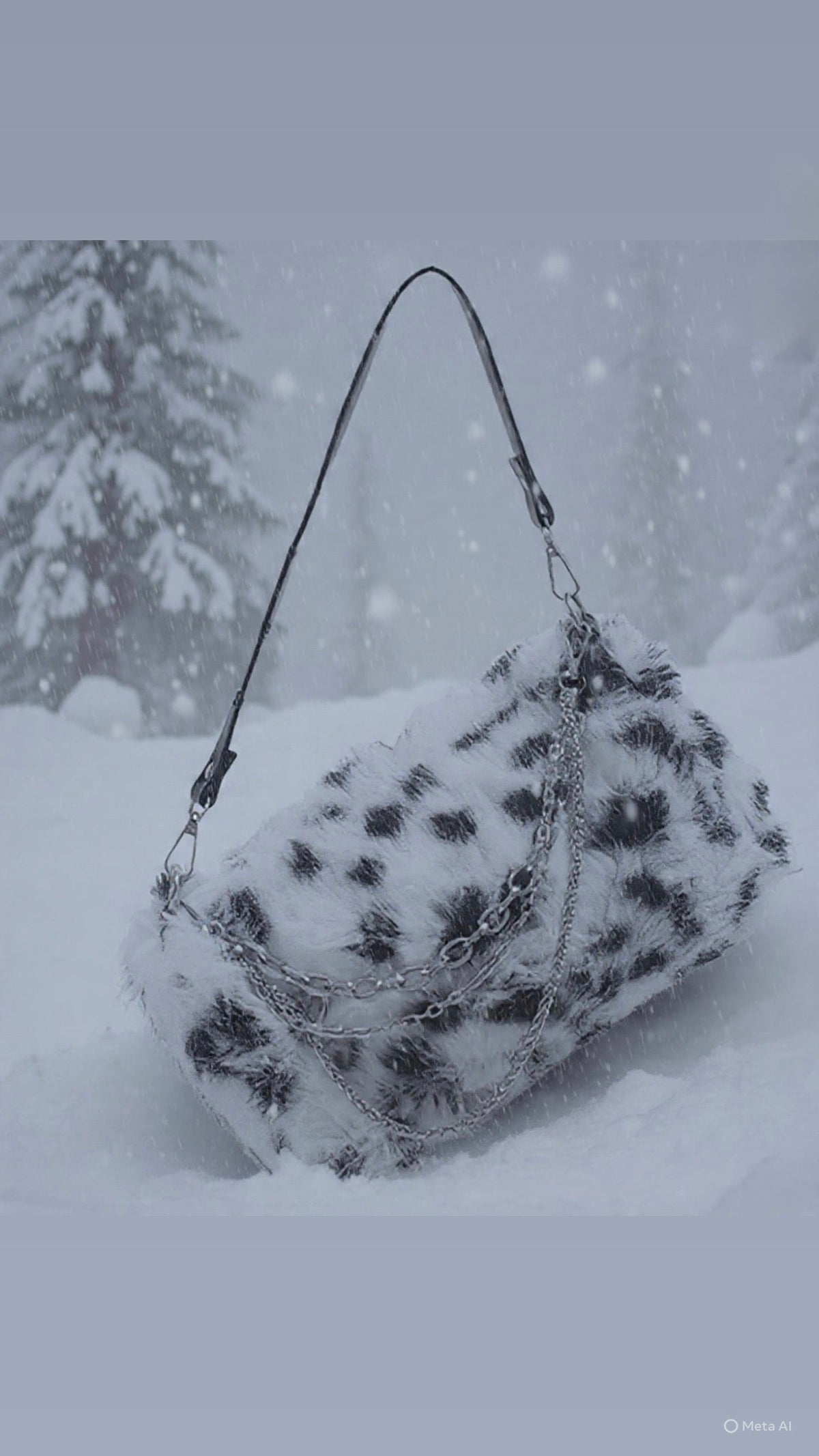 Dalmatian Chic black and white spotted faux fur handbag in snow