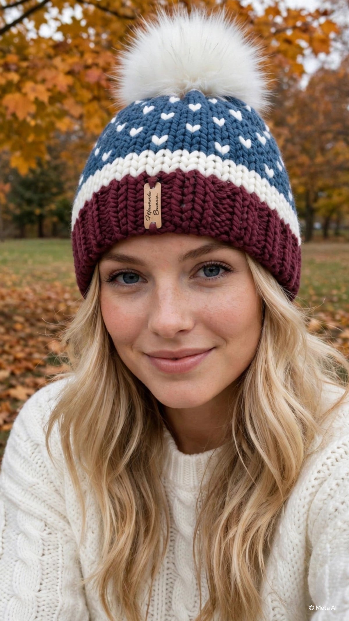 Model wearing American Snowfall handmade beanie by Minnesota Beanies
