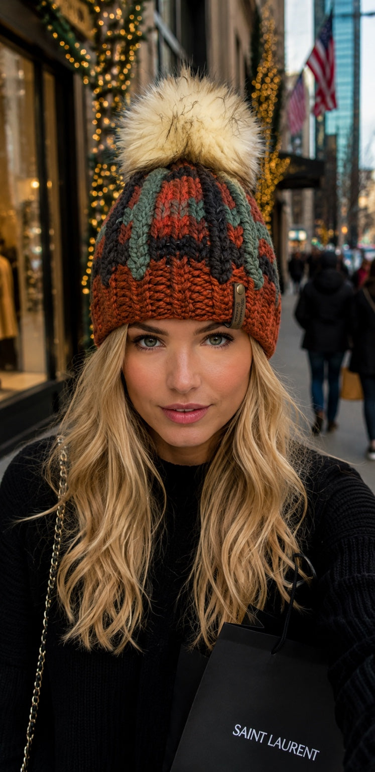 Model wearing Autumn Mosaic handmade beanie