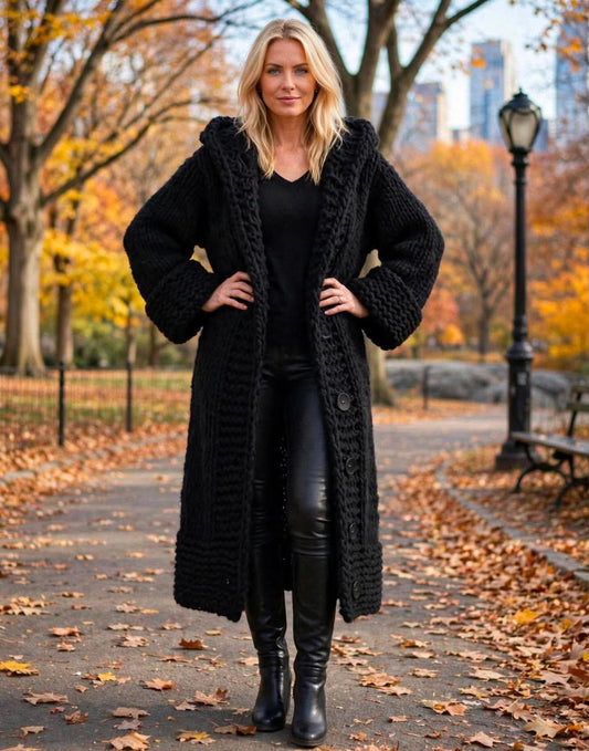 Black hand-knit long hooded cardigan sweater coat