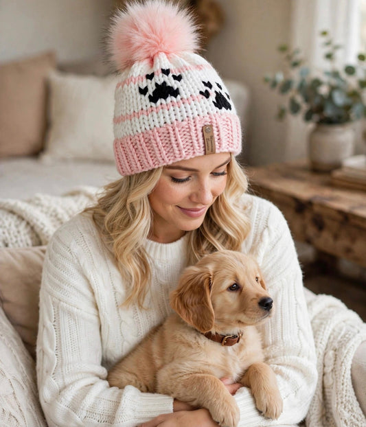 Blush Nordic handmade pink white and black beanie with pink faux fur pom