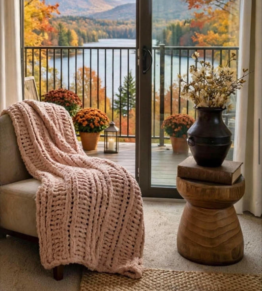 Blush Pink hand-knit chenille throw blanket