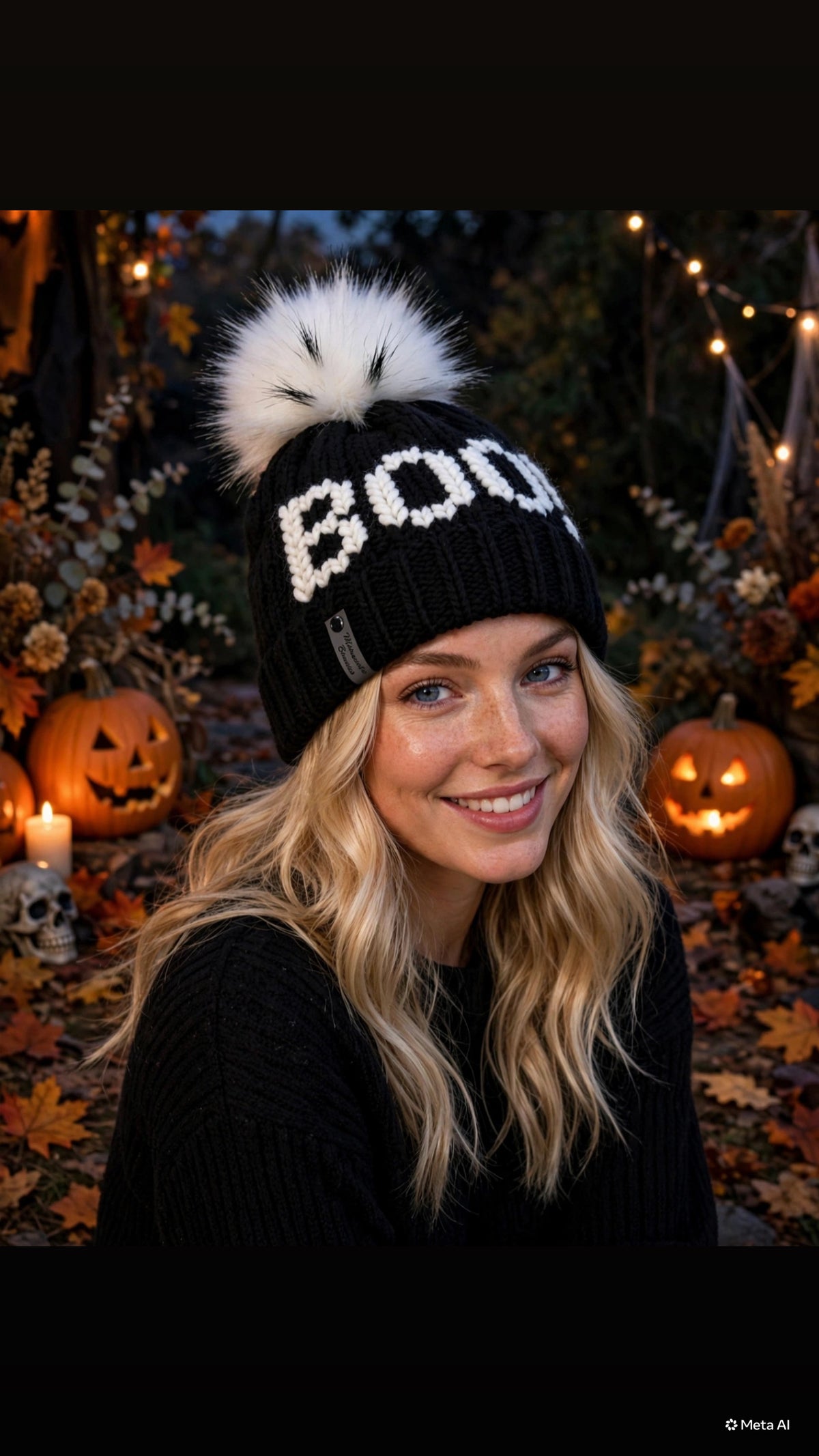 Boo black handmade Halloween beanie with white faux fur pom