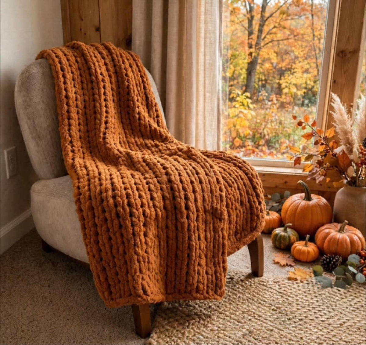 Burnt Orange hand-knit chenille throw blanket