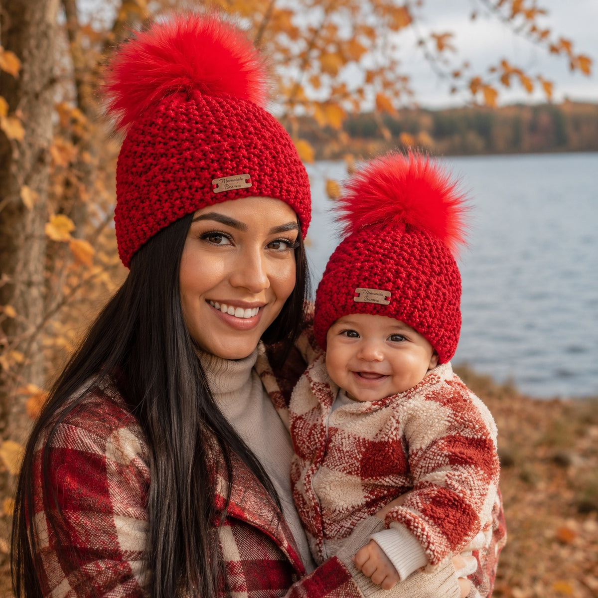 Cherry on Top red handmade beanies in adult and baby sizes