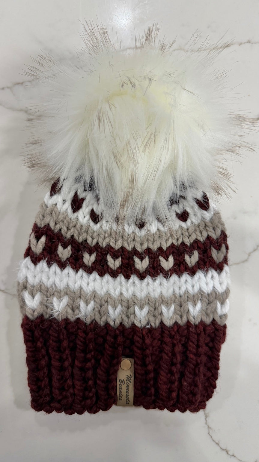 Cranberry Snowfall handmade burgundy cream and taupe beanie by Minnesota Beanies