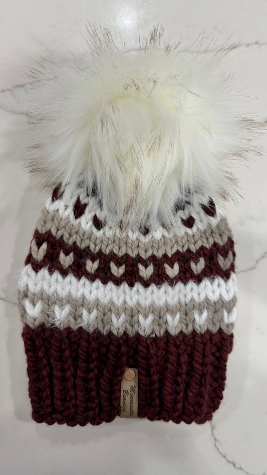 Cranberry Snowfall handmade burgundy cream and taupe beanie by Minnesota Beanies