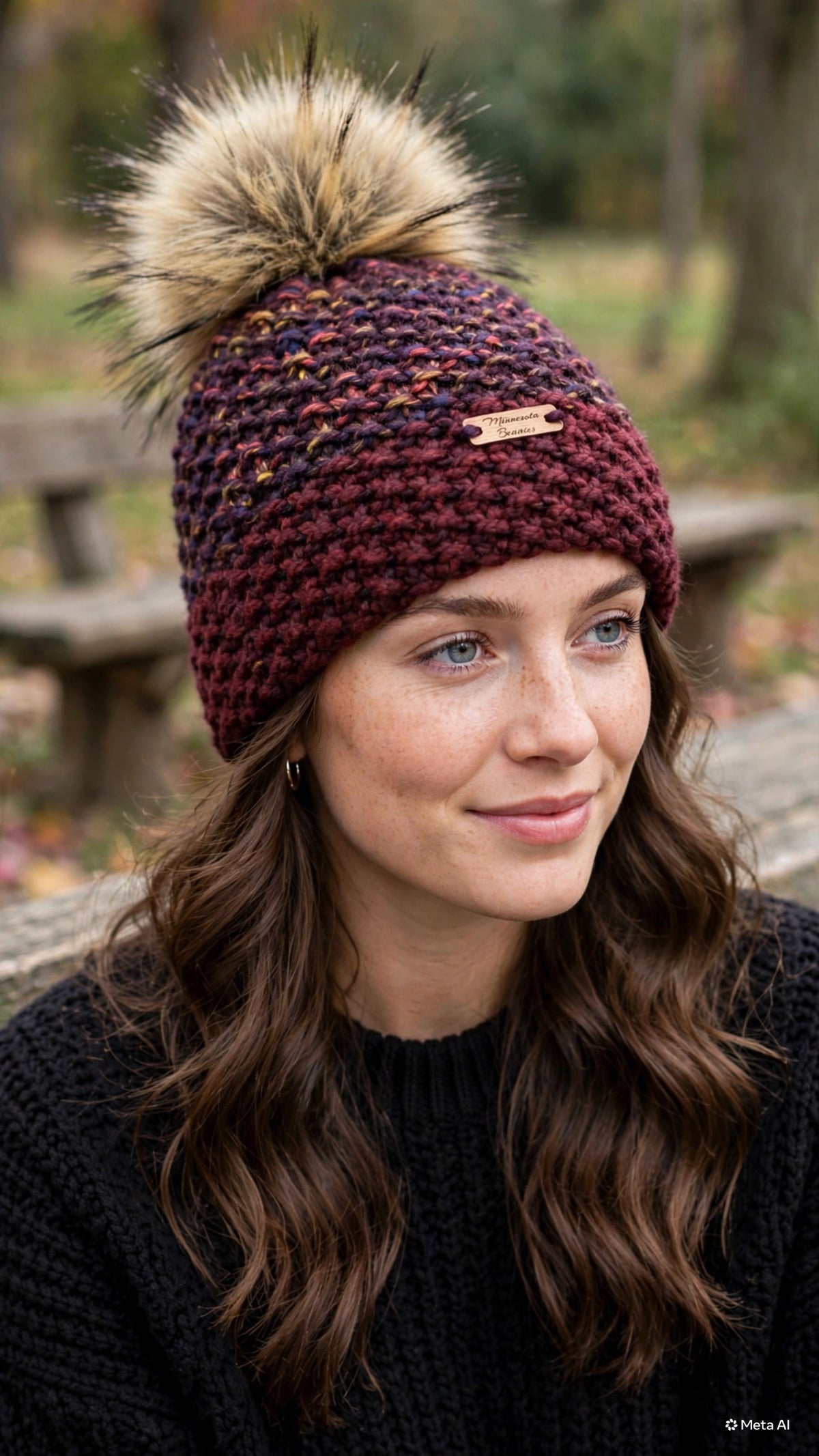 Model wearing Cranberry Twilight handmade beanie