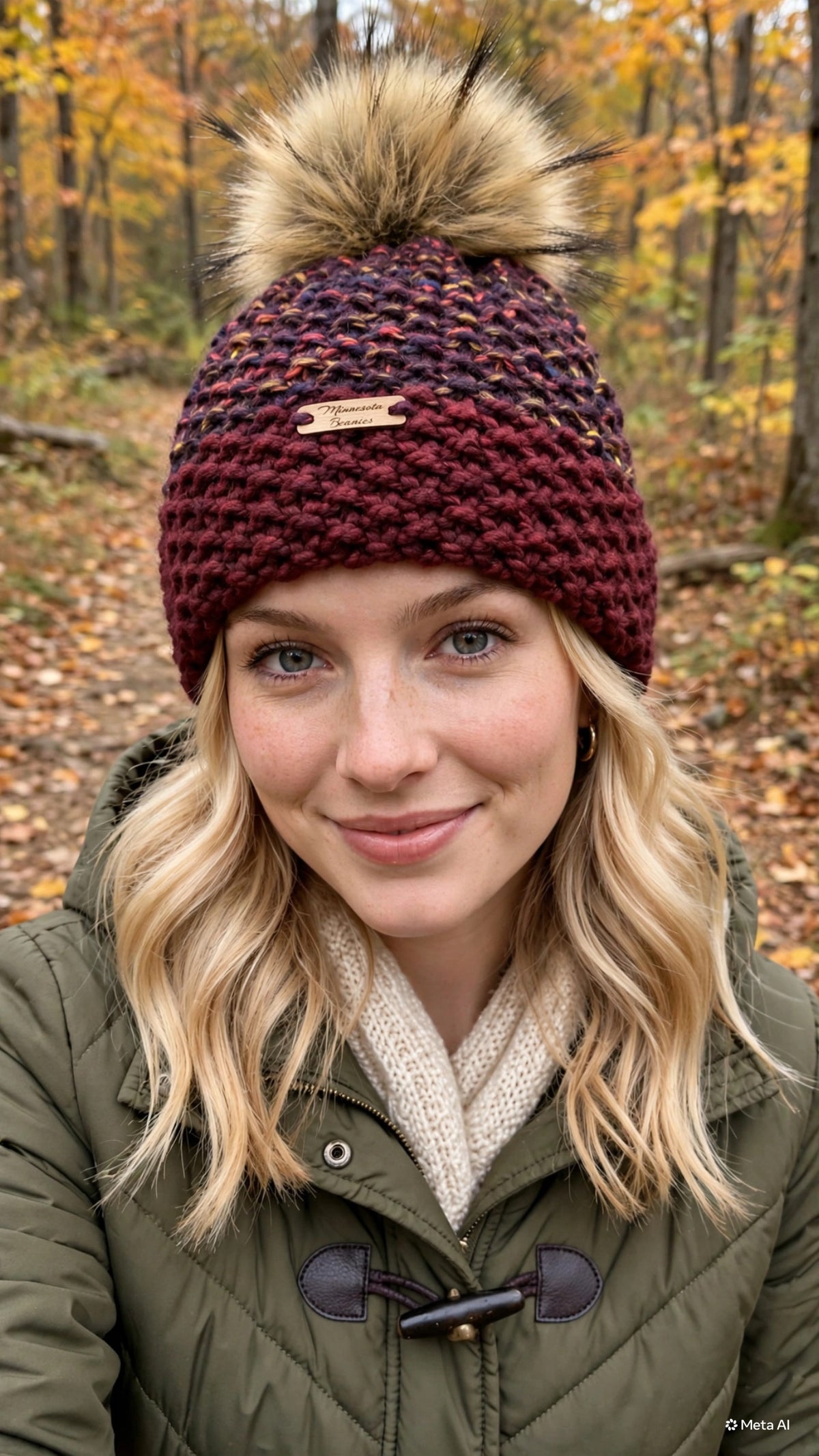 Model wearing Cranberry Twilight handmade beanie