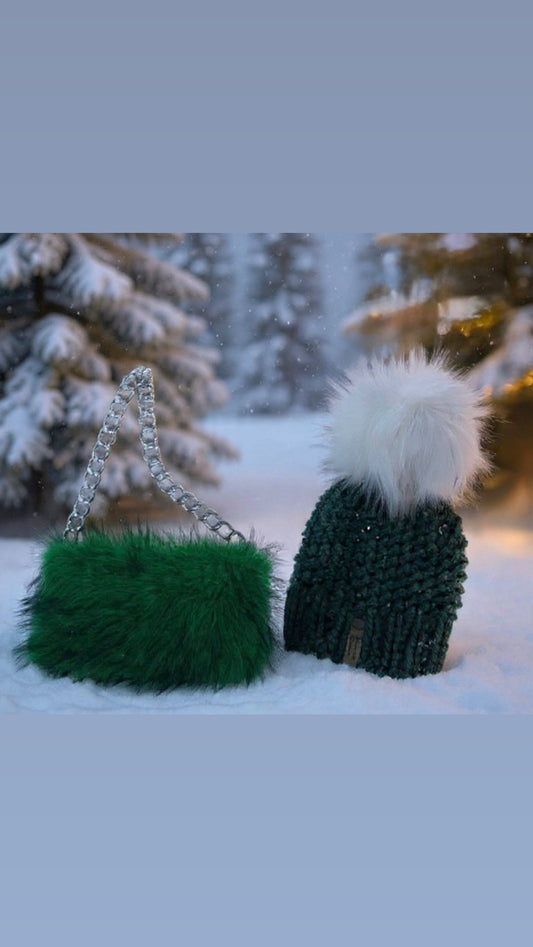 Evergreen handmade green beanie with coordinating faux-fur handbag
