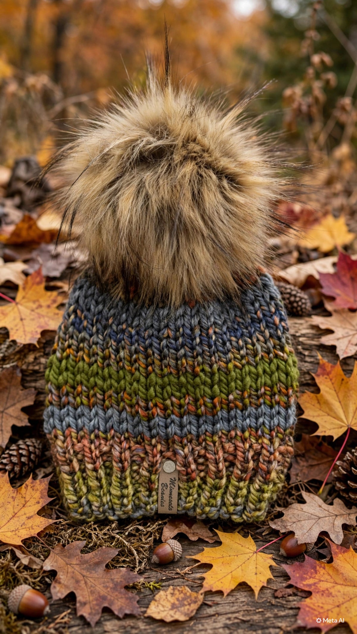 Fall Medley handmade beanie with faux fur pom by Minnesota Beanies