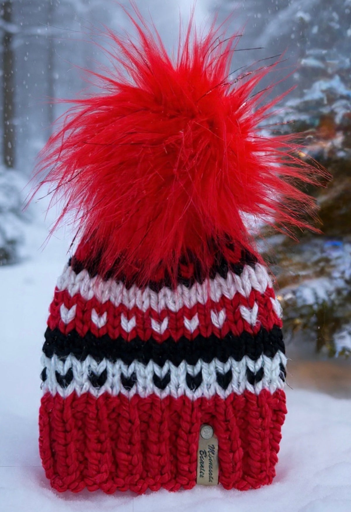 Game Day red black and white handmade beanie with red faux fur pom
