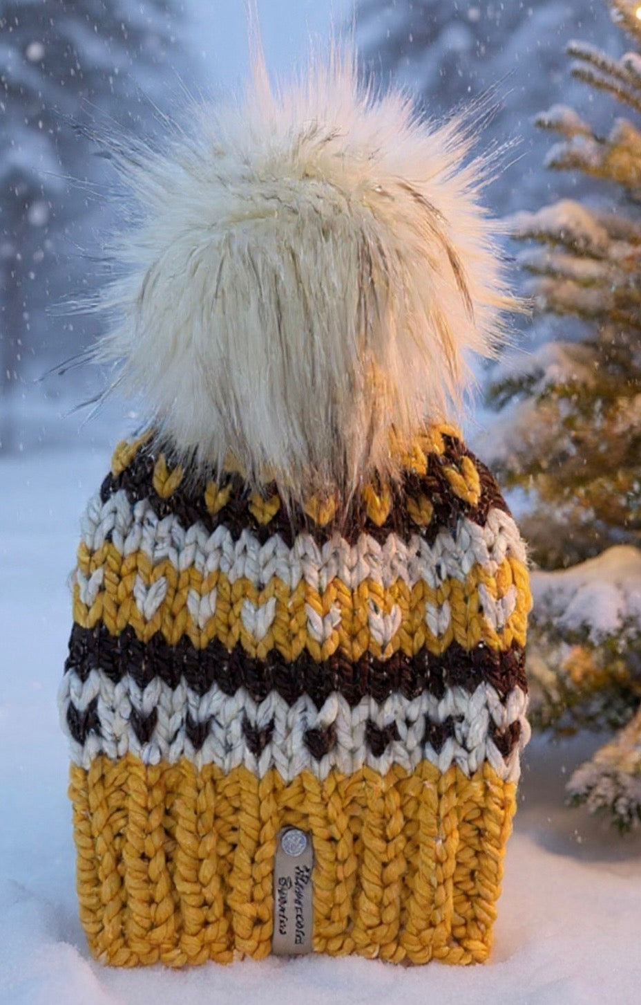 Golden Hour mustard cream and dark brown handmade Minnesota Beanies beanie with faux fur pom