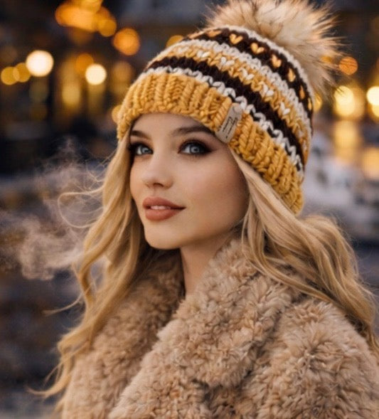 Golden Hour golden mustard black and cream handmade Minnesota Beanies hat with faux fur pom