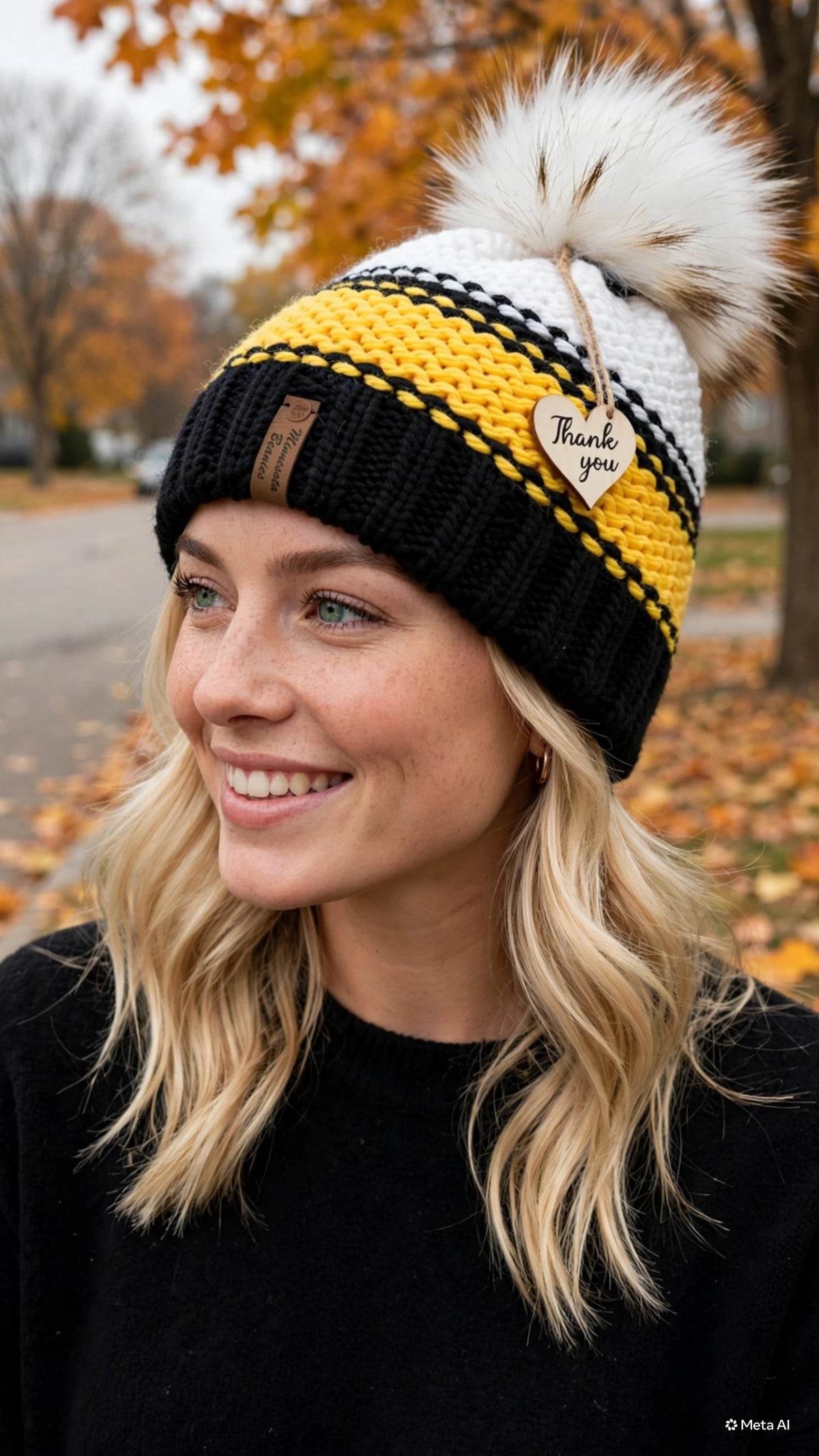 Golden North handmade black gold and white beanie with faux fur pom
