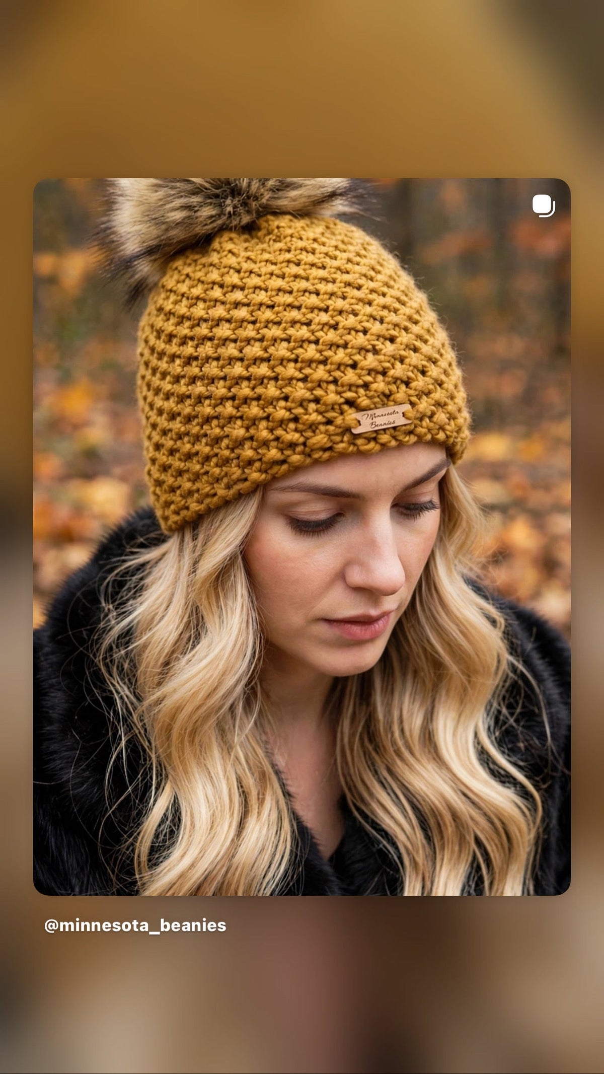 Model wearing Harvest Gold handmade beanie by Minnesota Beanies