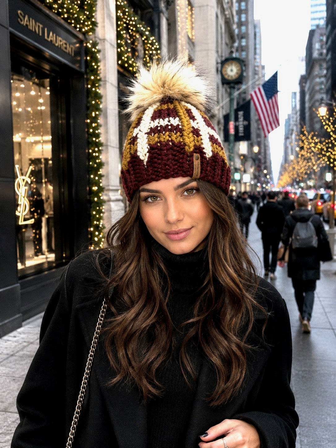 Model wearing Gopher Gold handmade Minnesota Beanies beanie