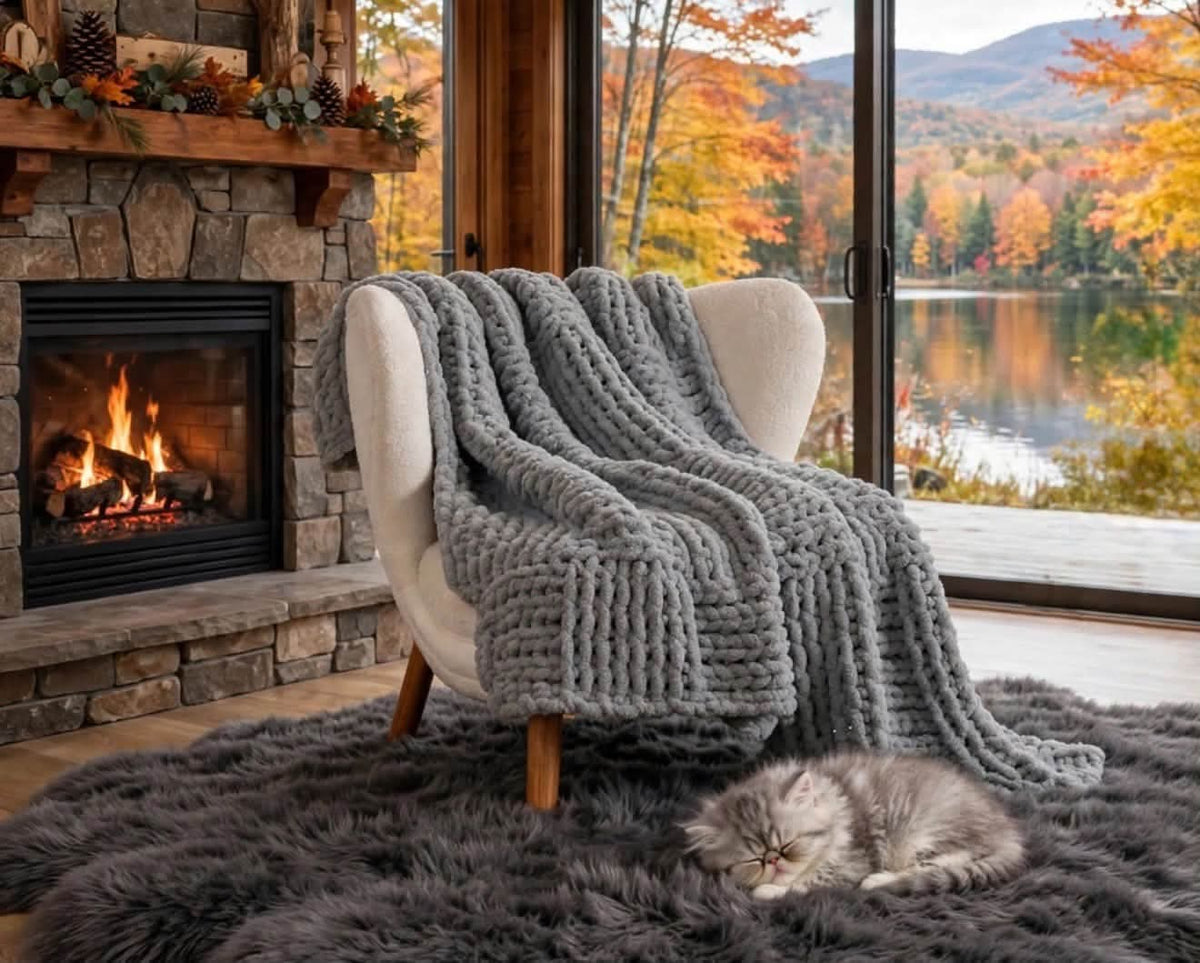 Gray hand-knit chenille throw blanket