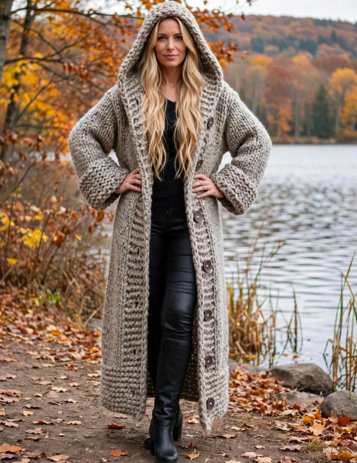 Gray hand-knit long hooded cardigan sweater coat