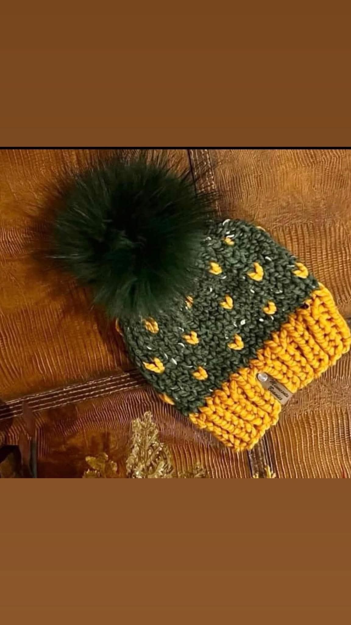 Green and gold heart stitch handmade beanie product view