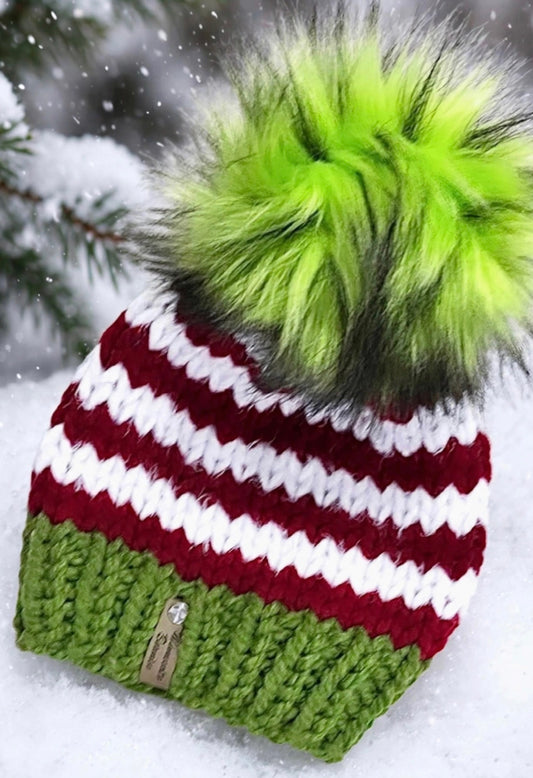 Merry Mischief green red and white handmade beanie with bright green faux fur pom
