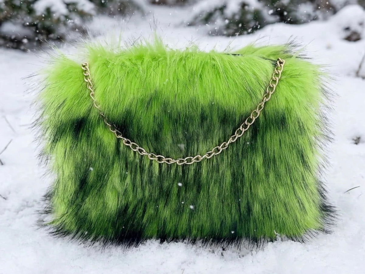 Merry Mischief bright green faux fur handbag with chain strap