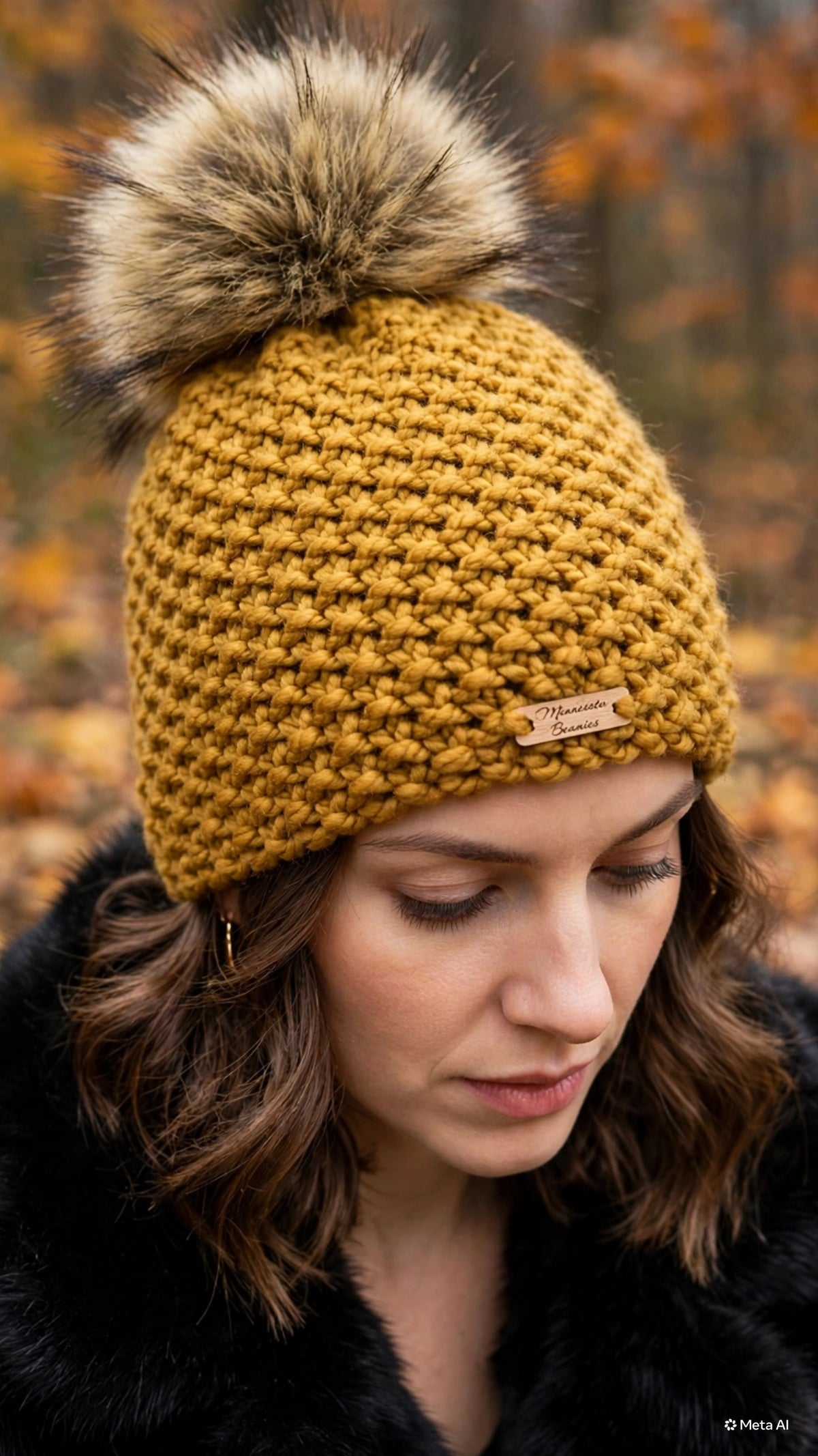 Model wearing Harvest Gold handmade beanie