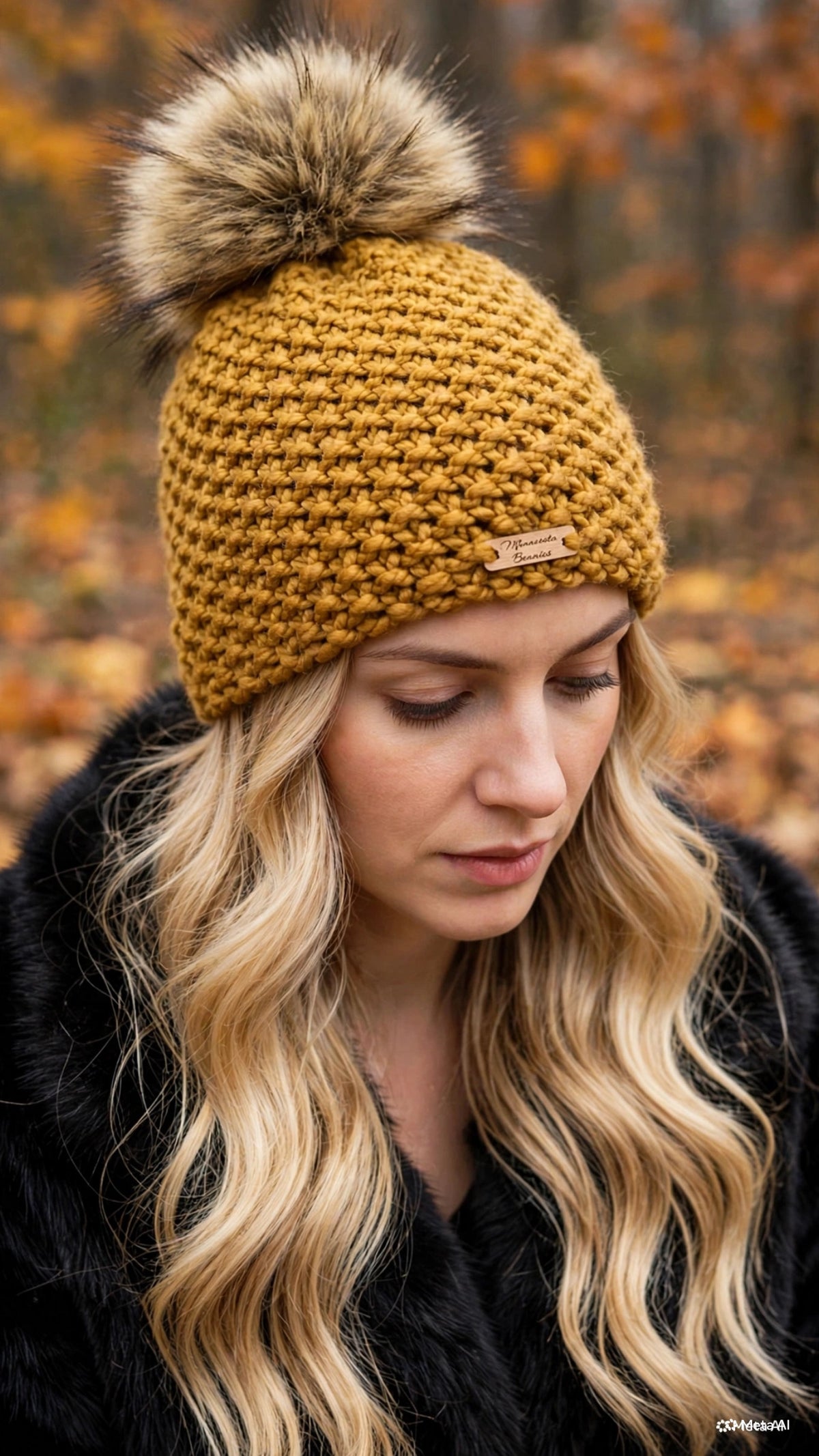 Model wearing Harvest Gold handmade beanie