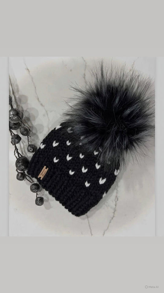 Midnight Hearts handmade black and white heart beanie by Minnesota Beanies
