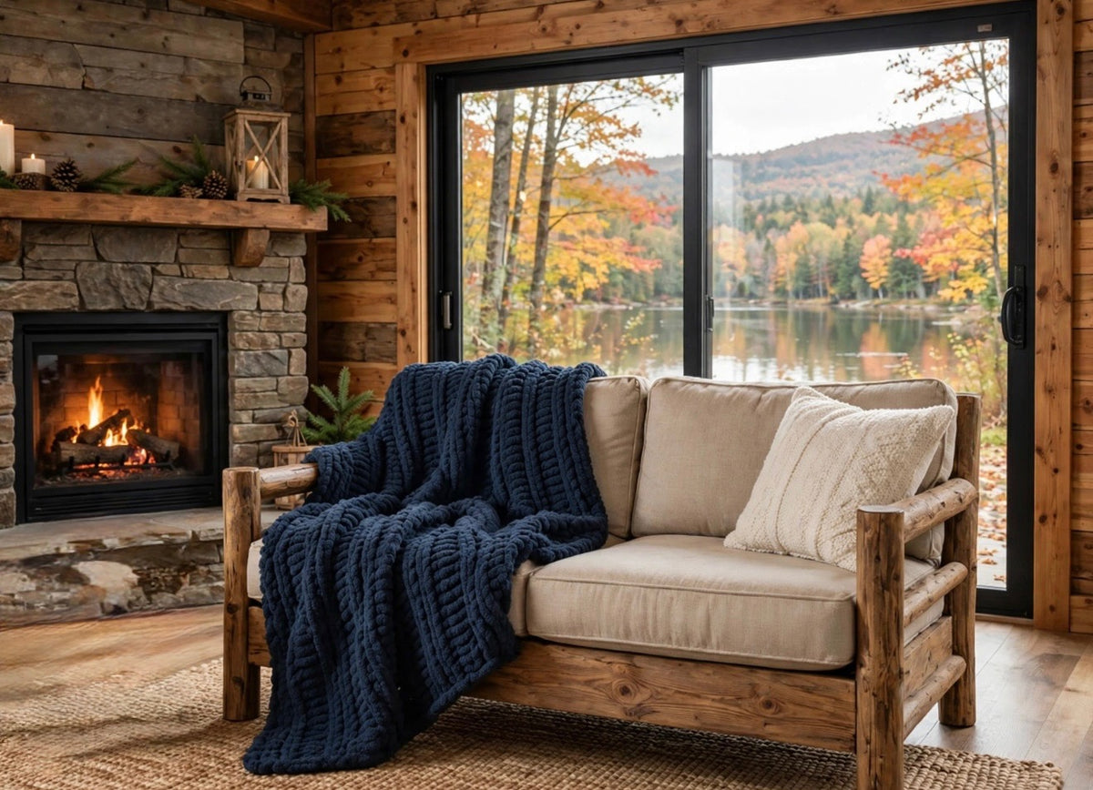 Navy Blue hand-knit chenille throw blanket