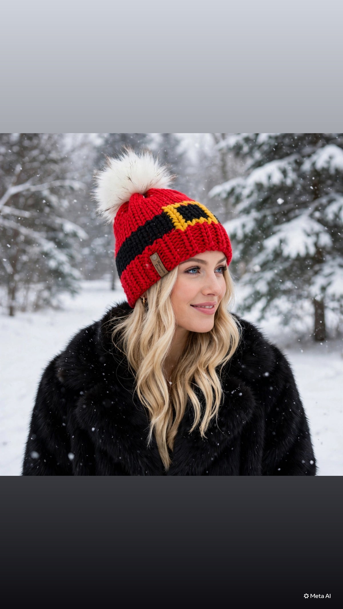 North Pole Belt handmade beanie modeled in snow