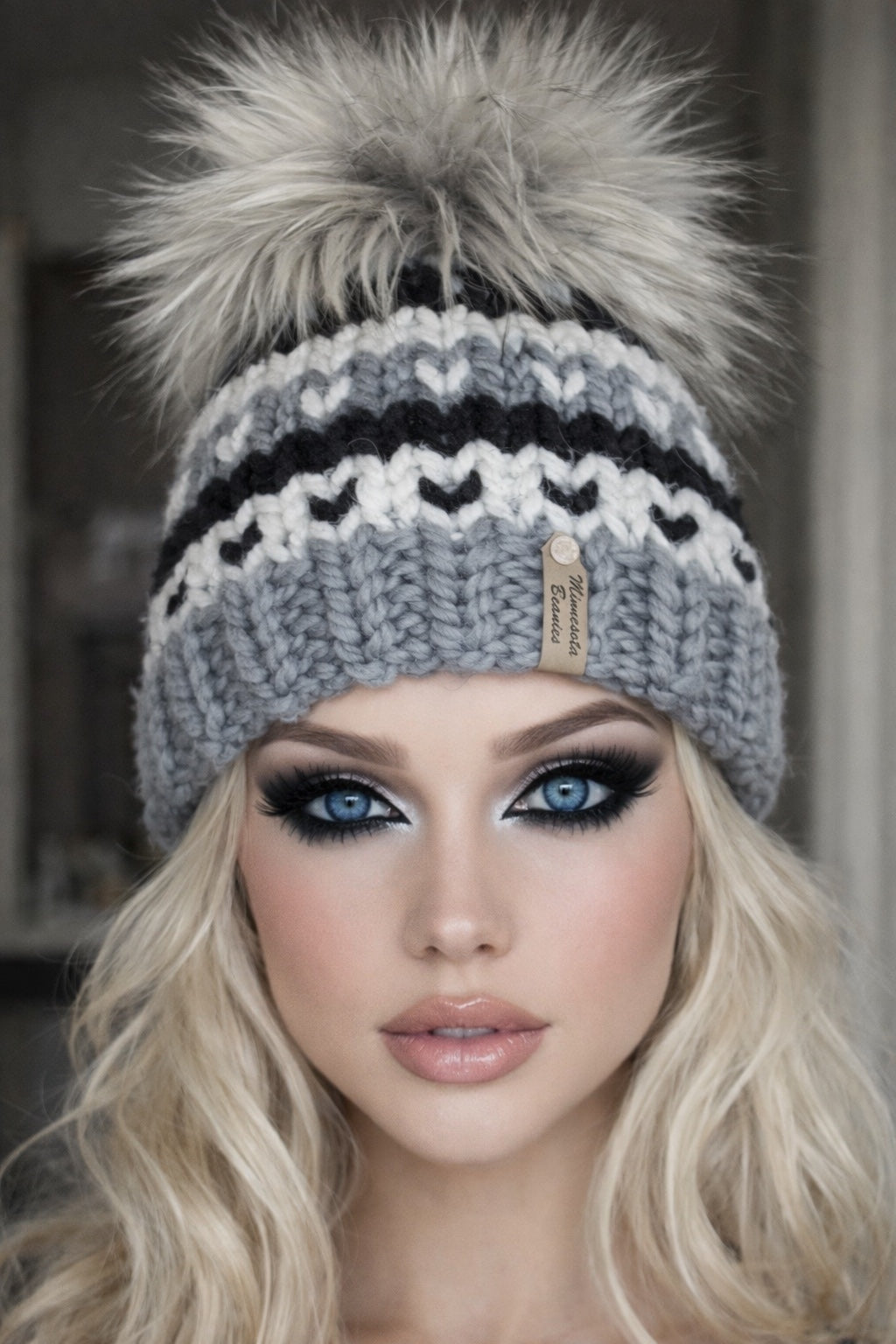 North Star gray black and white Minnesota Beanies handmade beanie modeled