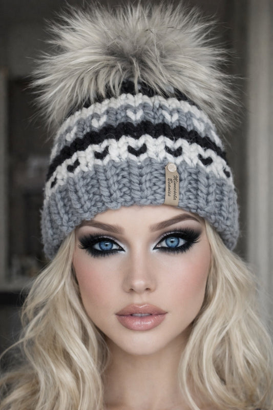 North Star gray black and white Minnesota Beanies handmade beanie modeled