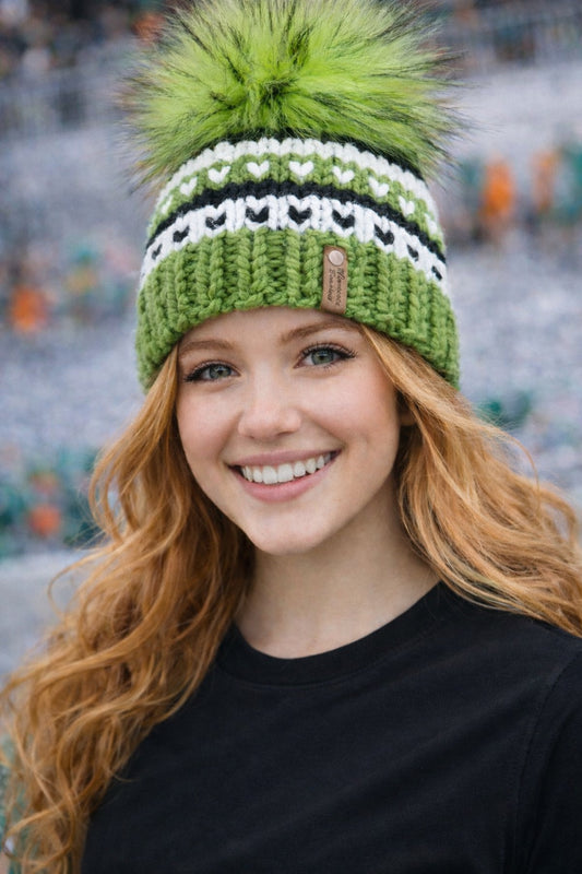 Northern Lights green black and white Minnesota Beanies handmade beanie modeled