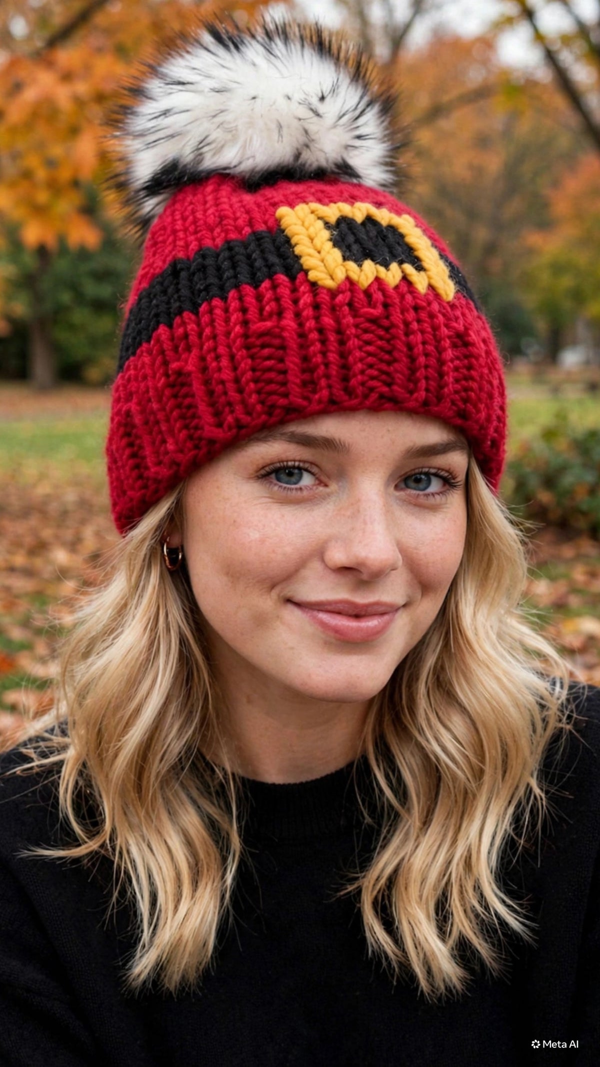 Northwoods Buck handmade red black and gold beanie with faux fur pom
