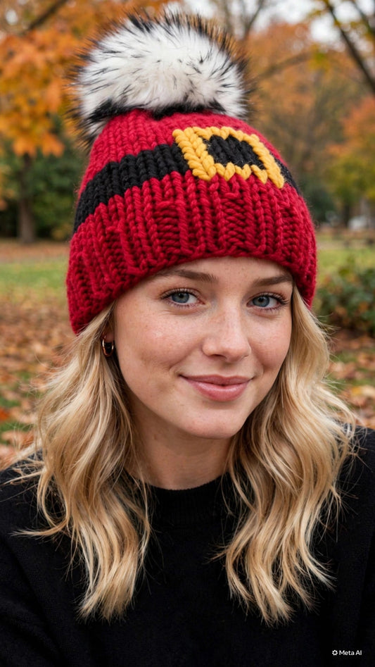 Northwoods Buck handmade red black and gold beanie with faux fur pom