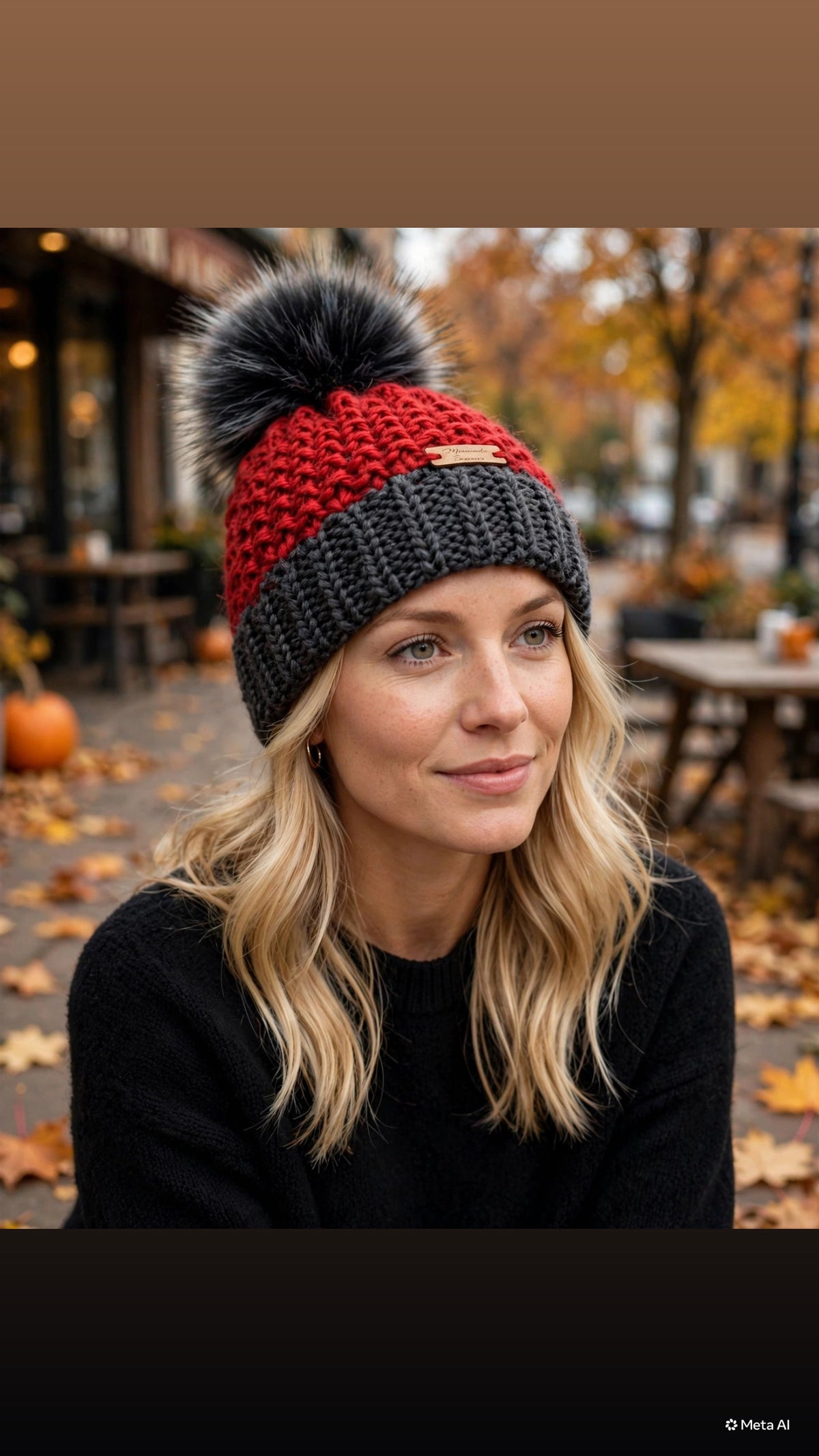 Model wearing Northwoods Ember red and charcoal handmade beanie