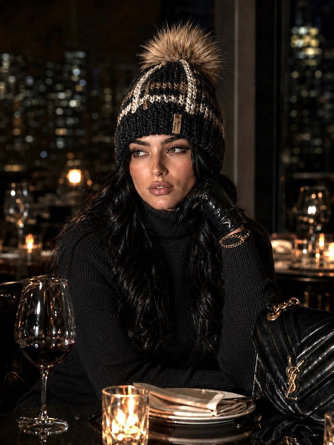Model wearing Northwoods Noir handmade beanie