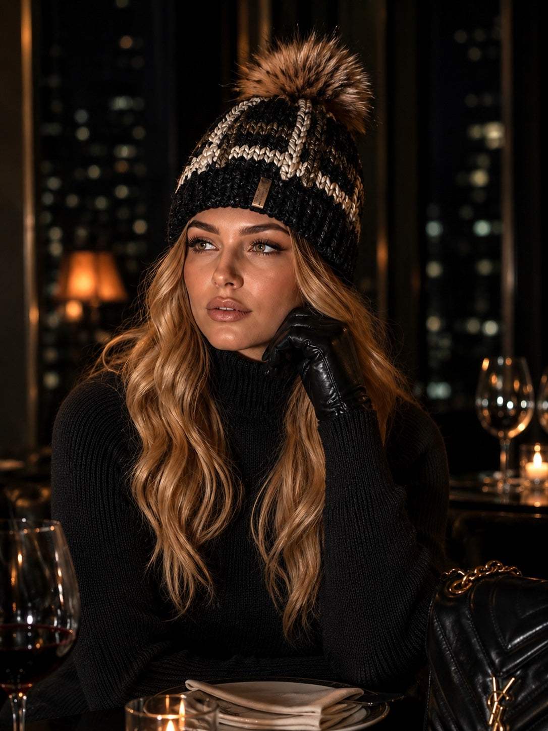 Model wearing Northwoods Noir handmade beanie
