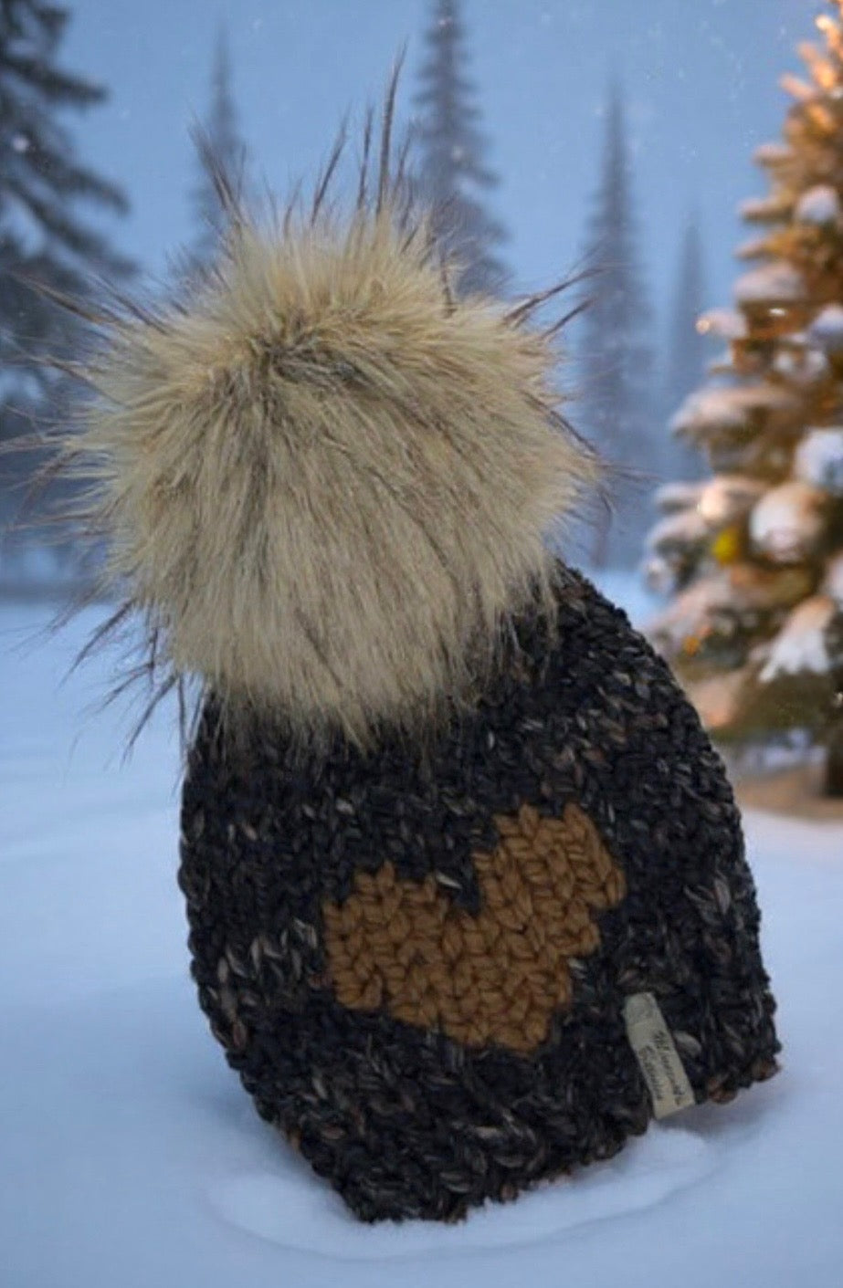Northwoods Heart handmade charcoal and mottled brown heart beanie with faux-fur pom