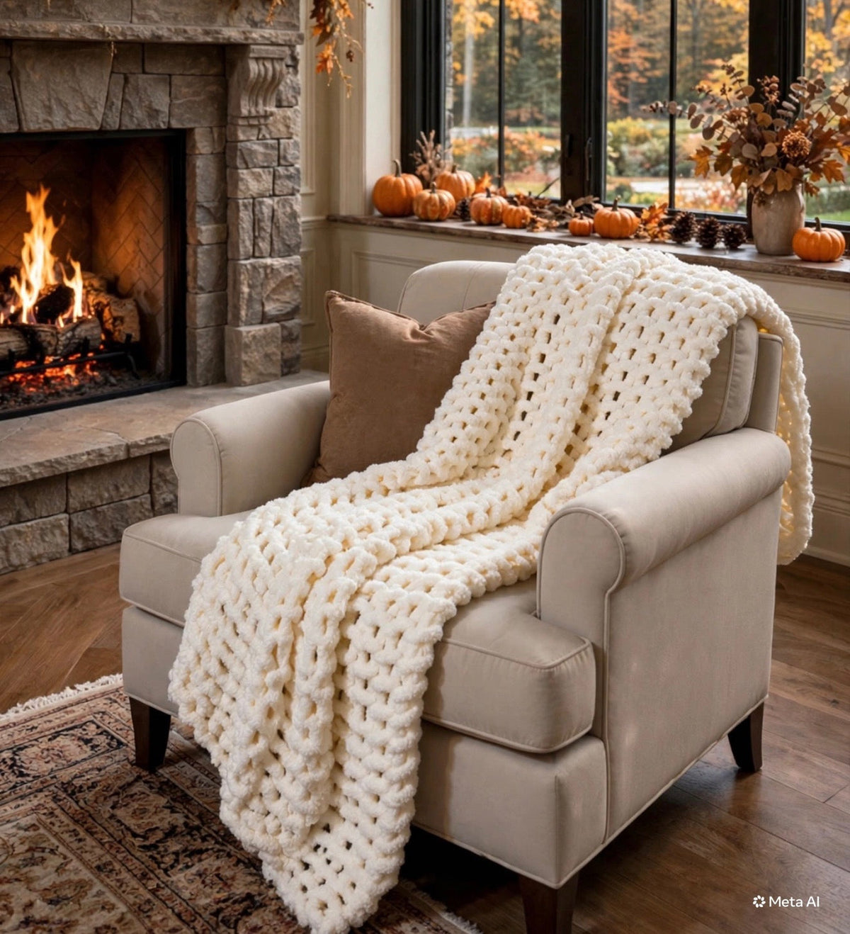 Ivory hand-knit chenille throw blanket