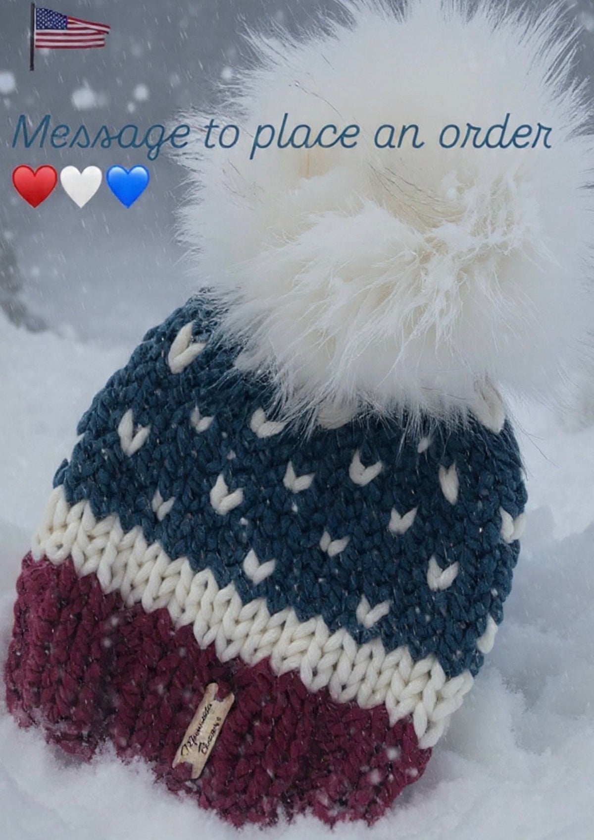 American Snowfall handmade red white and navy beanie by Minnesota Beanies